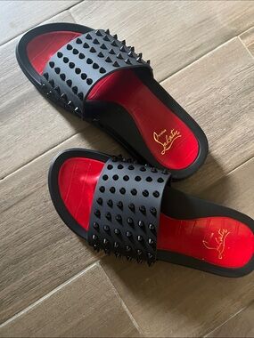Christian Louboutin Black Slide Sandals with Red Insole and Studded Spikes